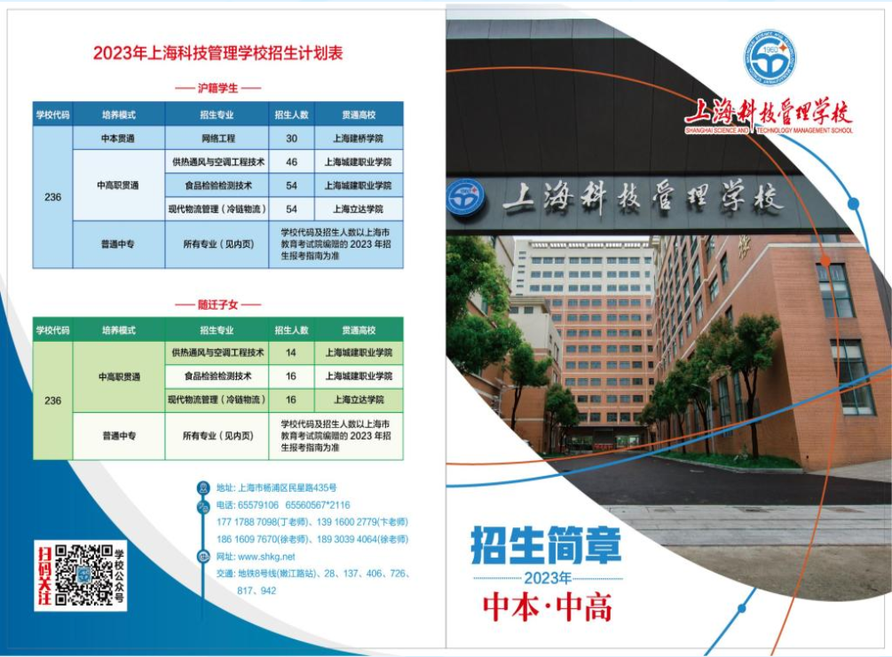 2023年上?？萍脊芾韺W校中本中高招生簡章